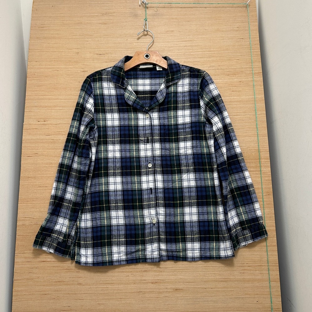 LL Bean Womens XS Blue Green Plaid Flannel Pajama Top Button Front Sleep Shirt